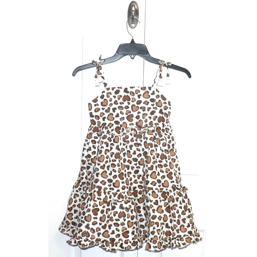 Rachel Zoe Girls Sleeveless Tiered Bow Shoulder Dress Brown Animal Hearts Size 5 - Picture 1 of 8